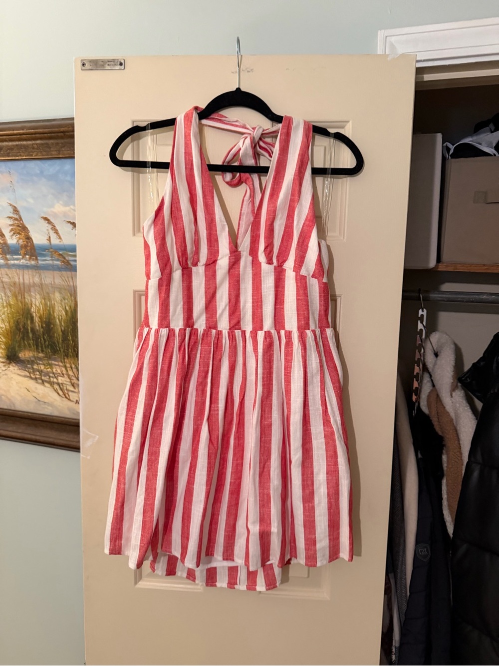Women’s Red and White Striped Mini Dress - Halter Tie Back